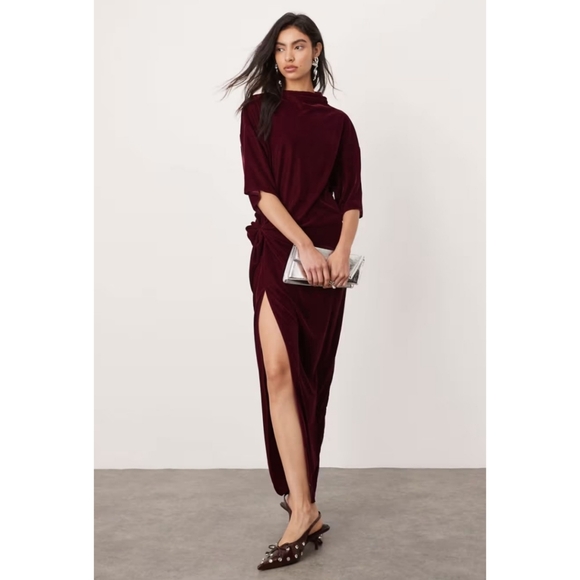 ASOS EDITION | Velvet Twist Waist T-shirt Maxi Dress In Burgundy NEW Size 2 - Picture 1 of 15